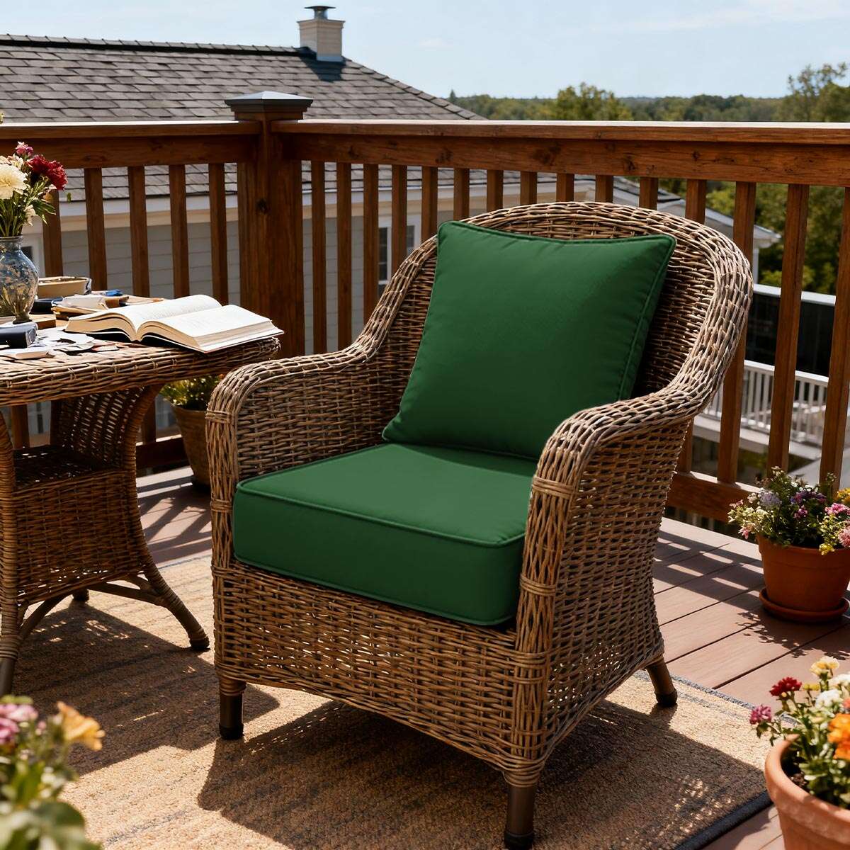 Wicker chair with green cushions on a wooden deck with tables and plants.