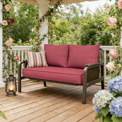 fuchsia Red outdoor loveseat on a wooden deck surrounded by flowers and greenery