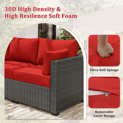 Red cushioned outdoor sofa with text highlighting foam quality and features.