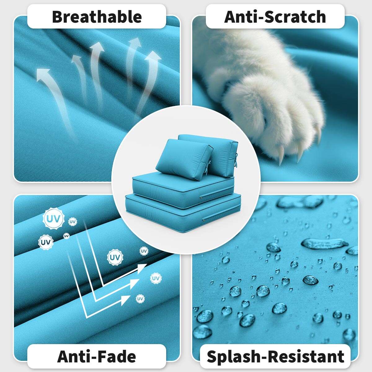 Blue outdoor cushions highlighting breathable, anti-scratch, anti-fade, and splash-resistant fabric features