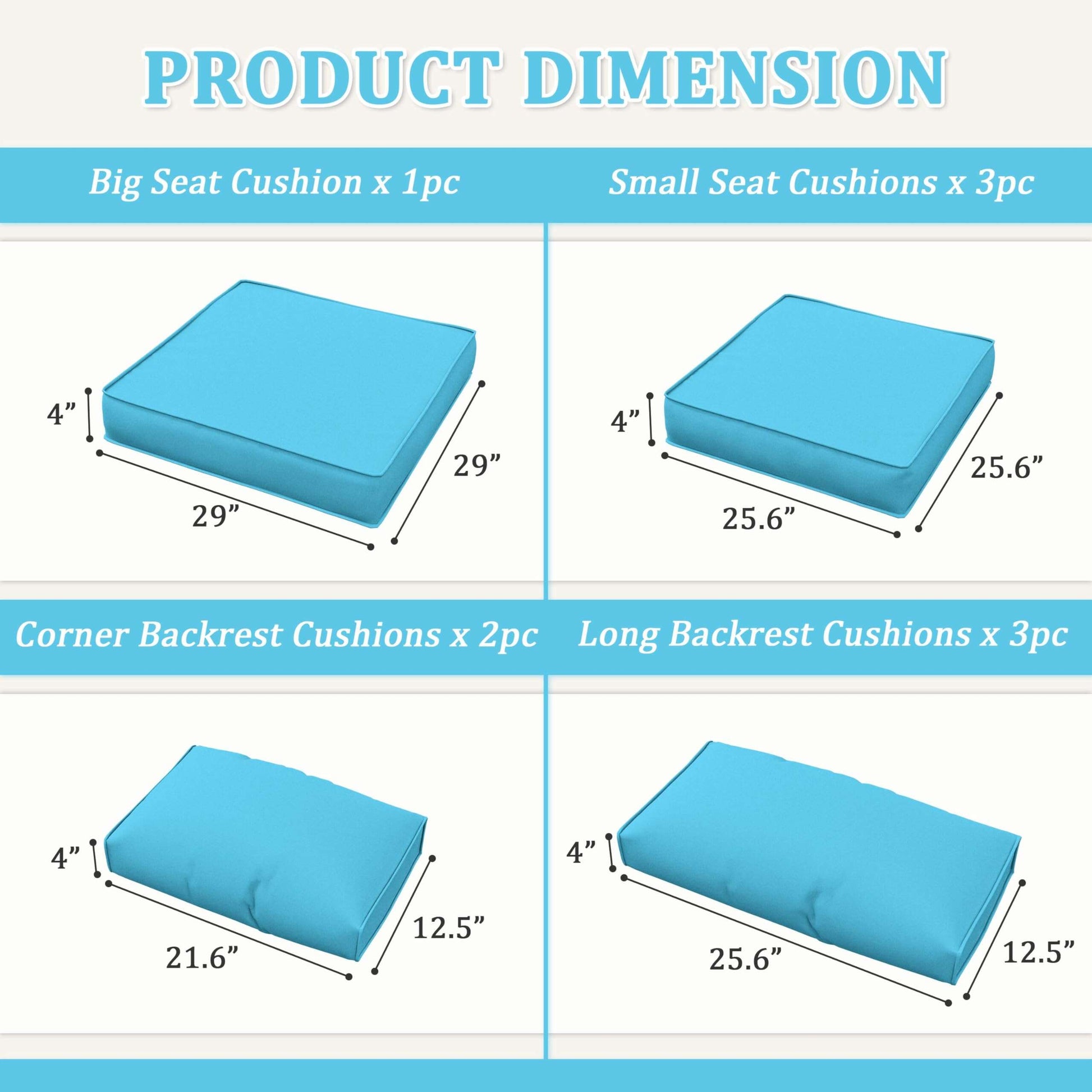 Blue patio sofa cushions with dimensions for big and small seat cushions, corner and long backrest cushions