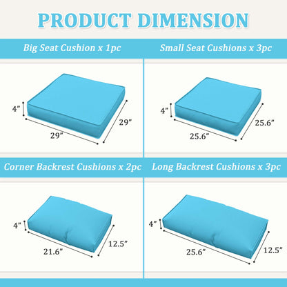 Blue patio sofa cushions with dimensions for big and small seat cushions, corner and long backrest cushions