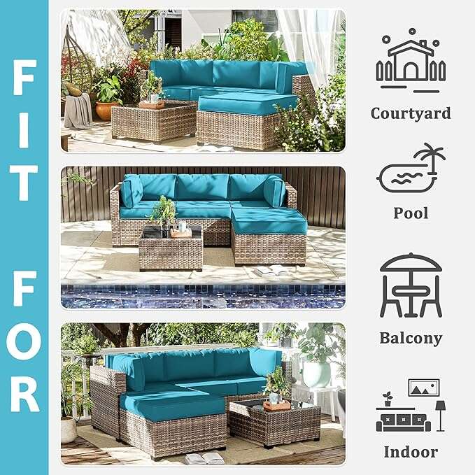 Outdoor furniture set with blue cushions displayed in various settings.