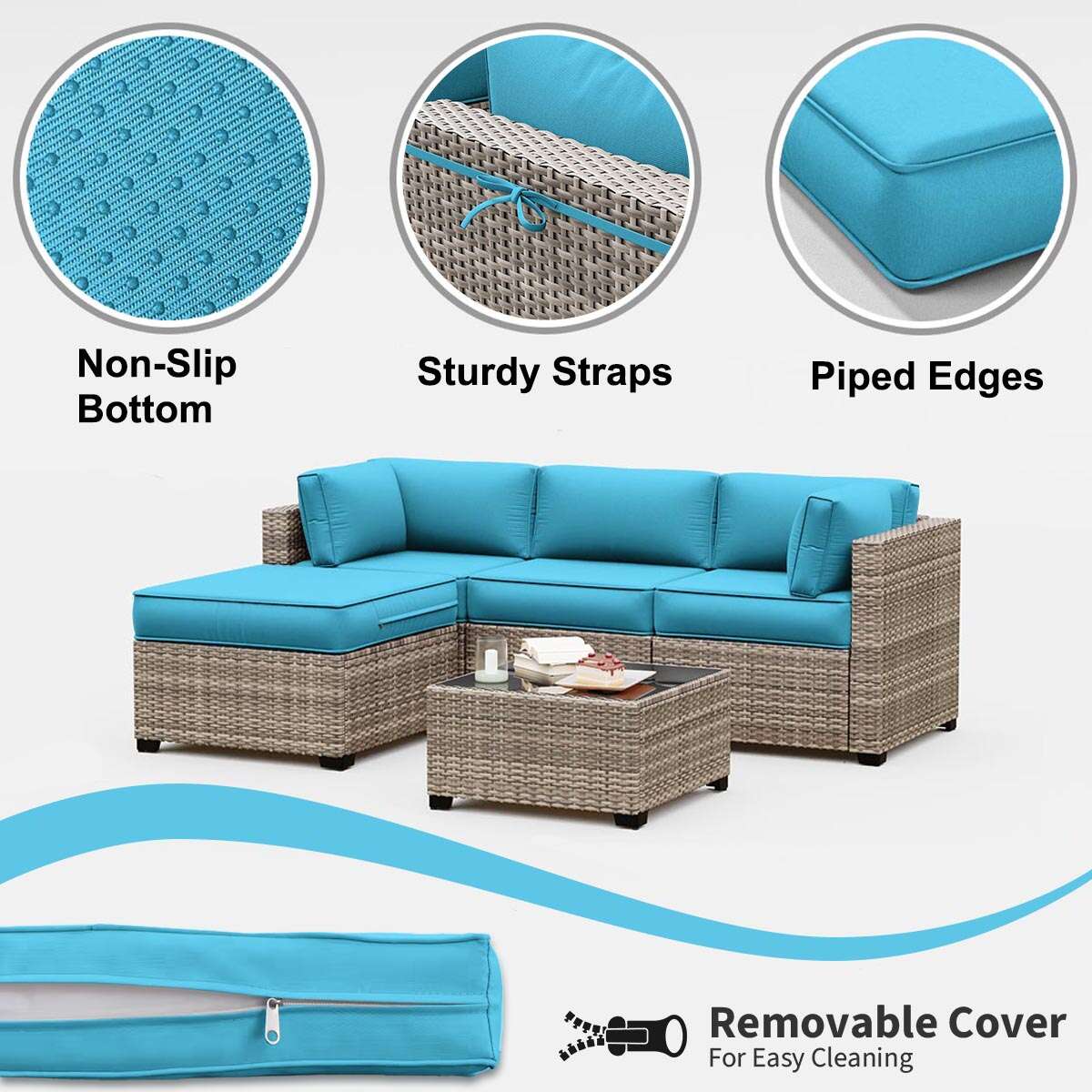 Outdoor rattan sectional sofa set with turquoise cushions featuring non-slip bottom, sturdy straps, piped edges, and removable covers