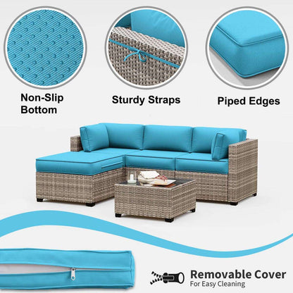 Outdoor rattan sectional sofa set with turquoise cushions featuring non-slip bottom, sturdy straps, piped edges, and removable covers
