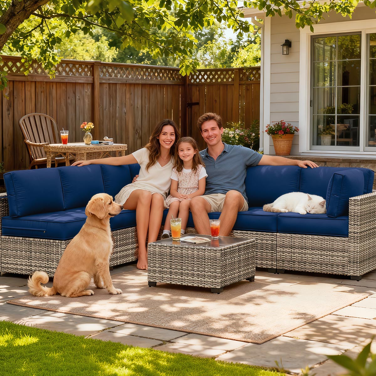 Family with a dog on a patio with blue cushions and a wooden fence in the background