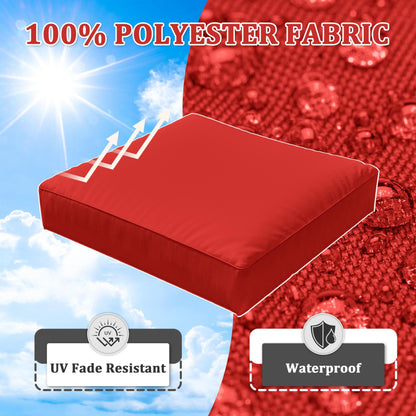 Red cushion highlighting polyester fabric, UV fade resistance, and waterproof properties.