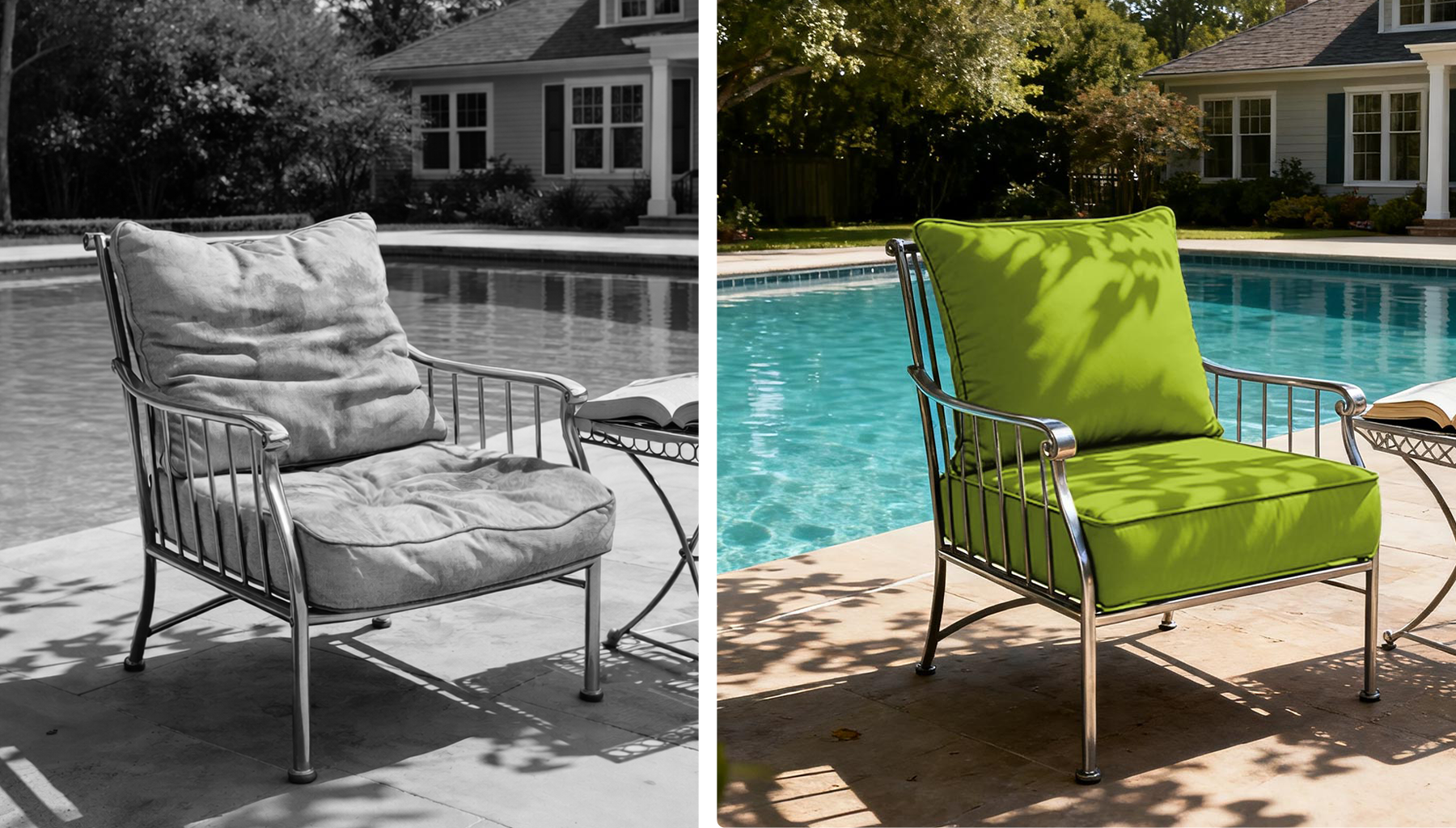 refresh patio furniture by replacing old  flat faded cushions with snubbull outdoor replacement cushion set