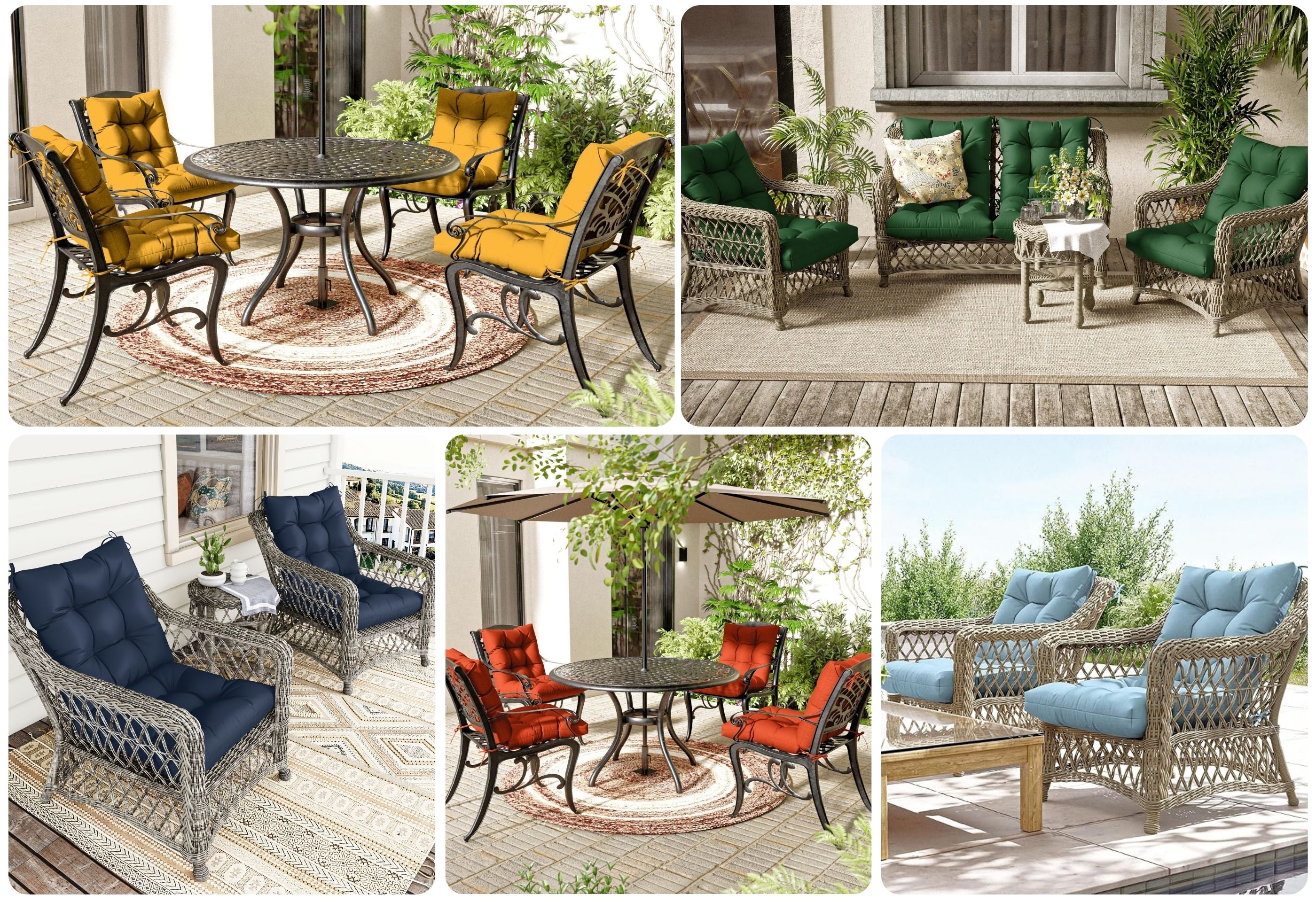 different patio usage scenes of outdoor high back cushions with different colors and patio furniture, like dining chairs or rattan chairs