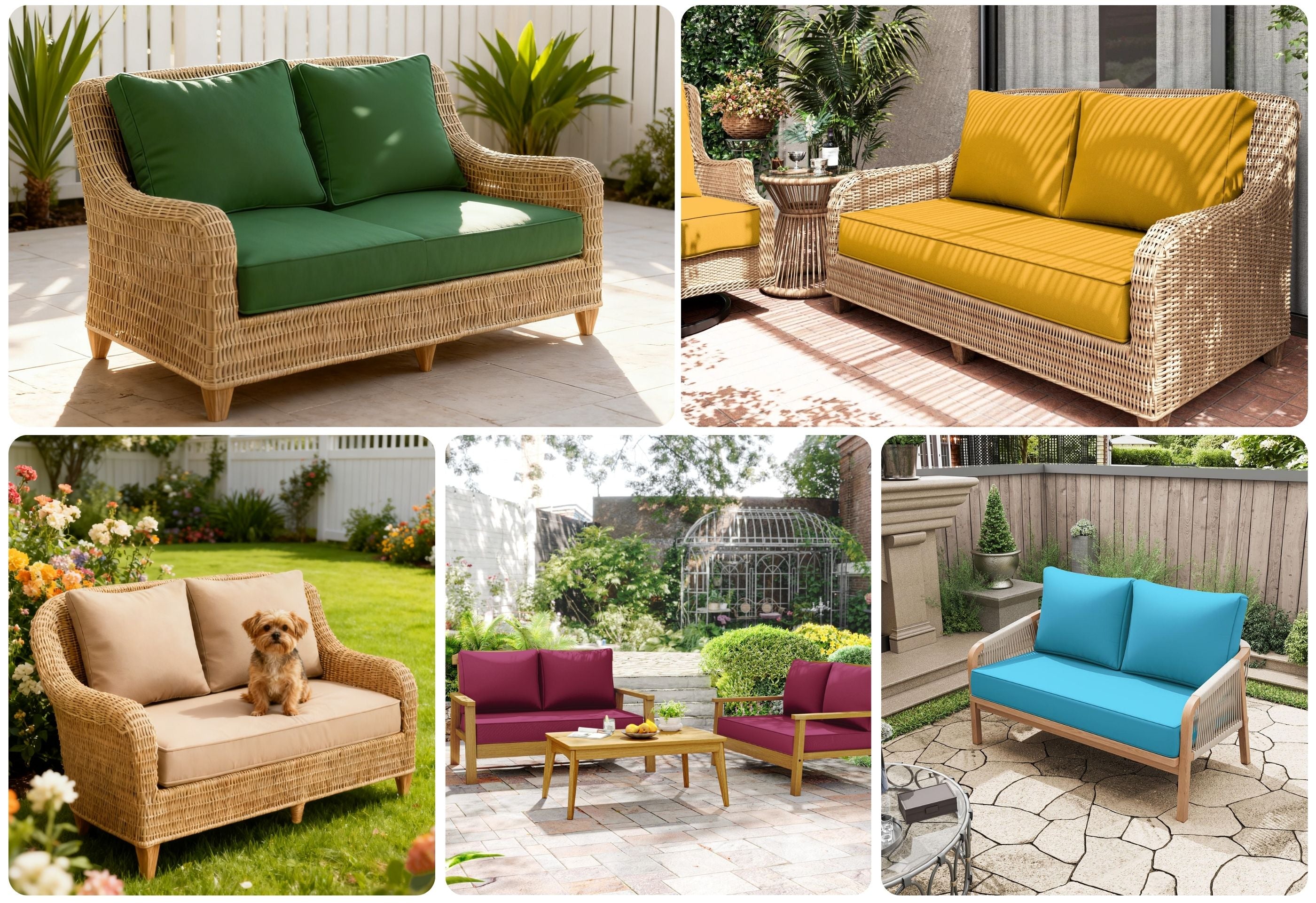 different scenes of outdoor loveseat cushions with different color and patio furniture