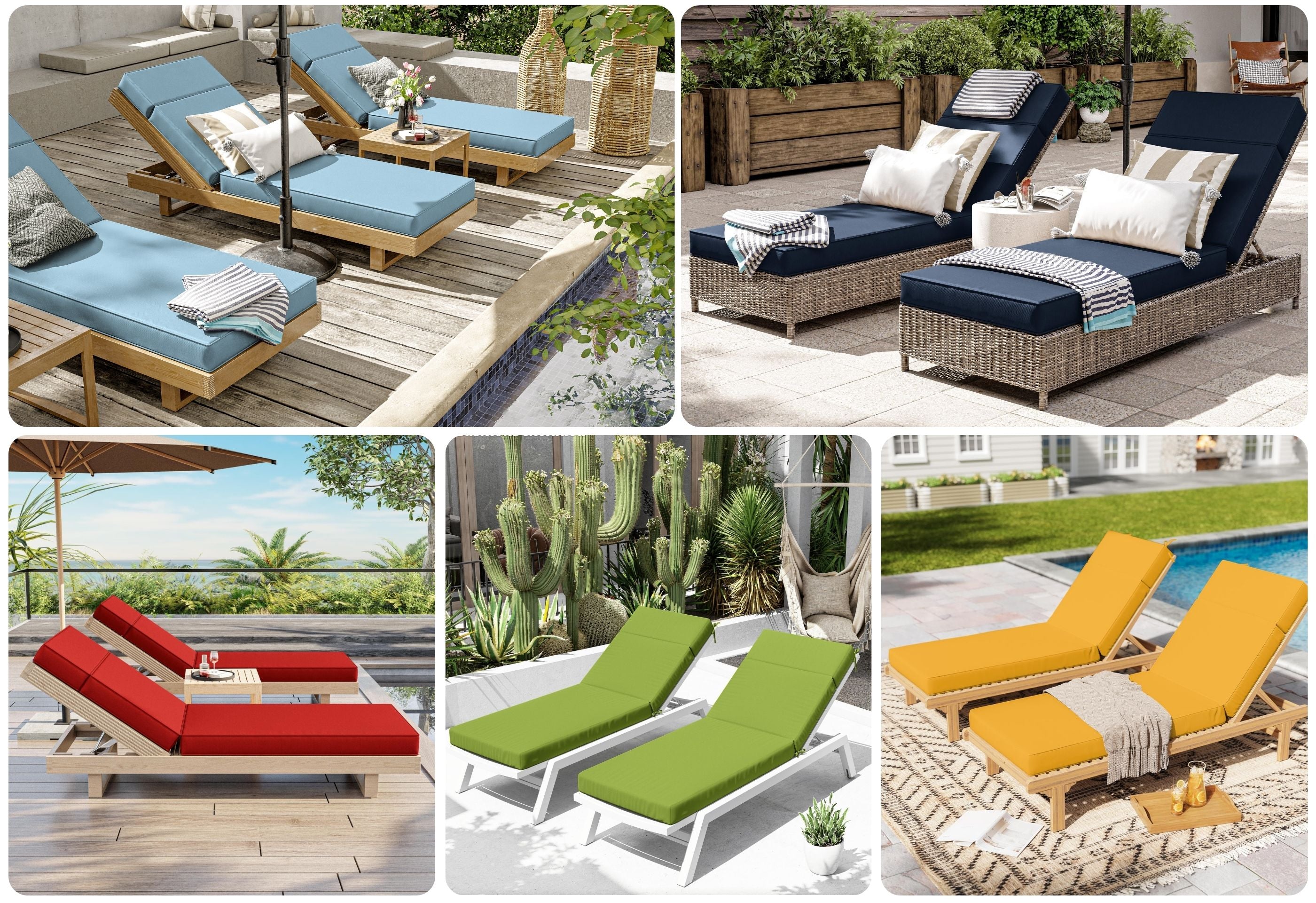 Collage of various lounger with outdoor chaise cushions in different colors and settings.