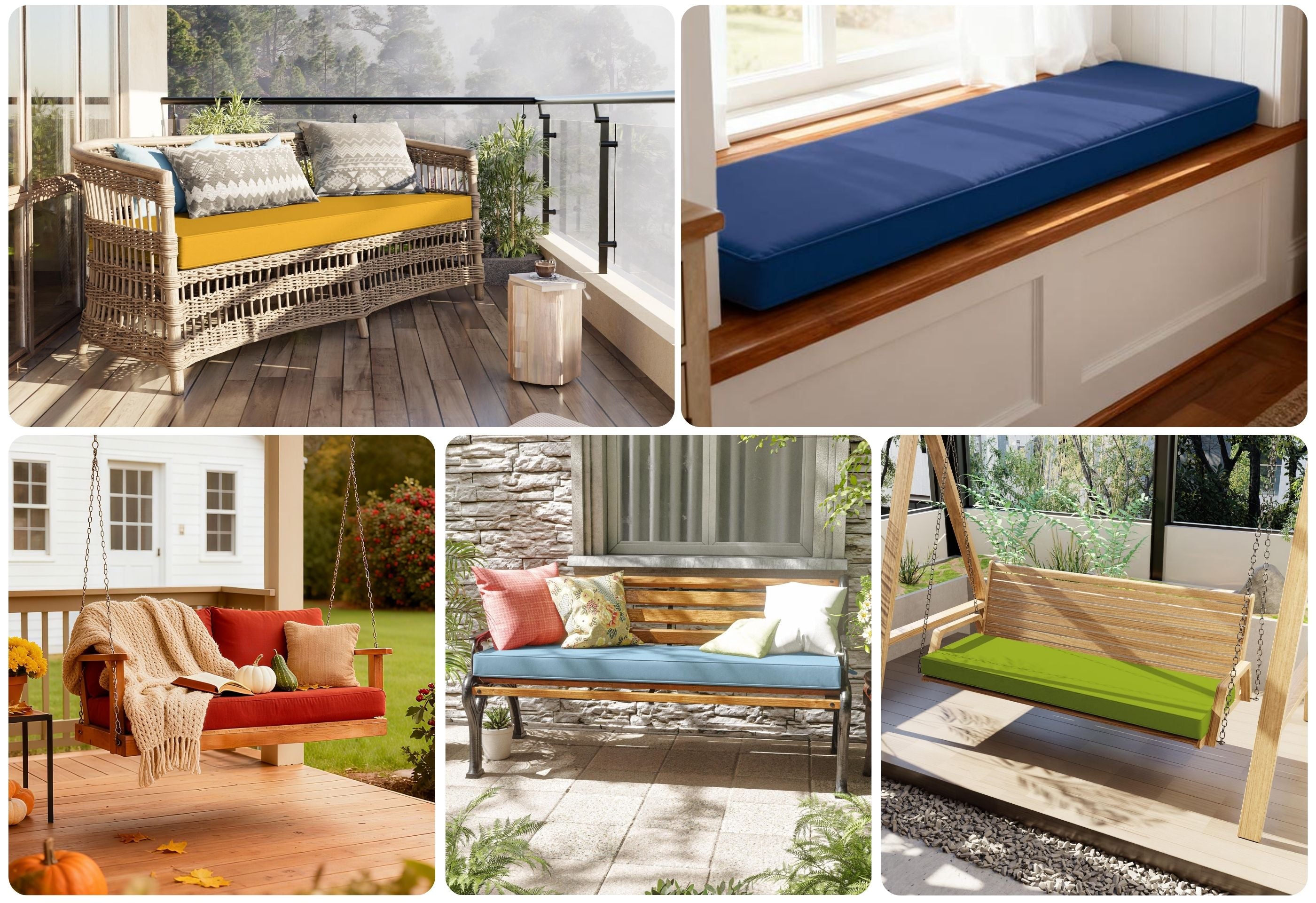 Collage of various outdoor benches and swing seats with cushions in different colors and settings.