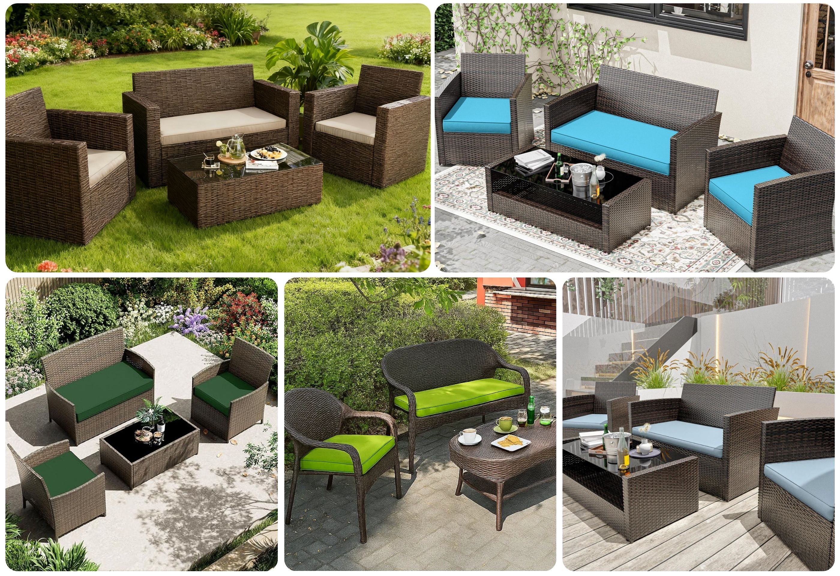 collage of various  patio furniture with outdoor seat cushion set in different colors and scenes