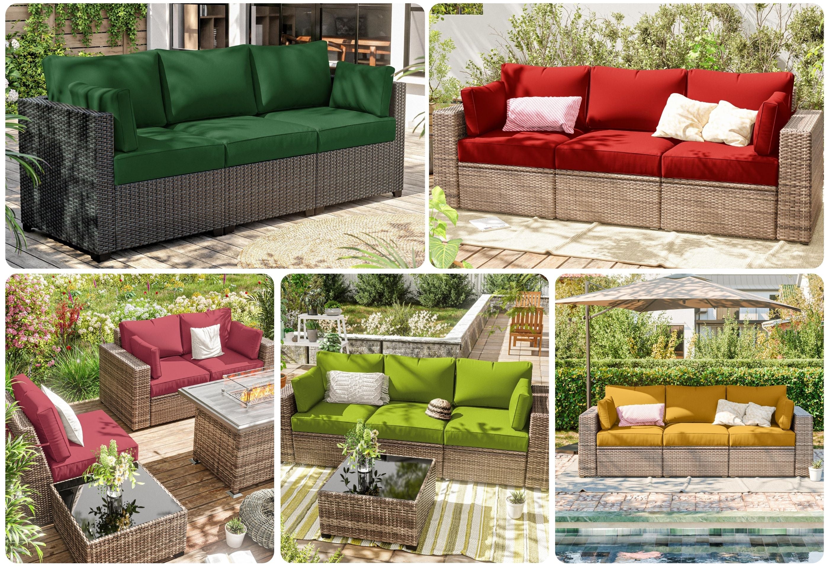 Collage of various sectional sofa with outdoor cushions in different colors and patio scenes