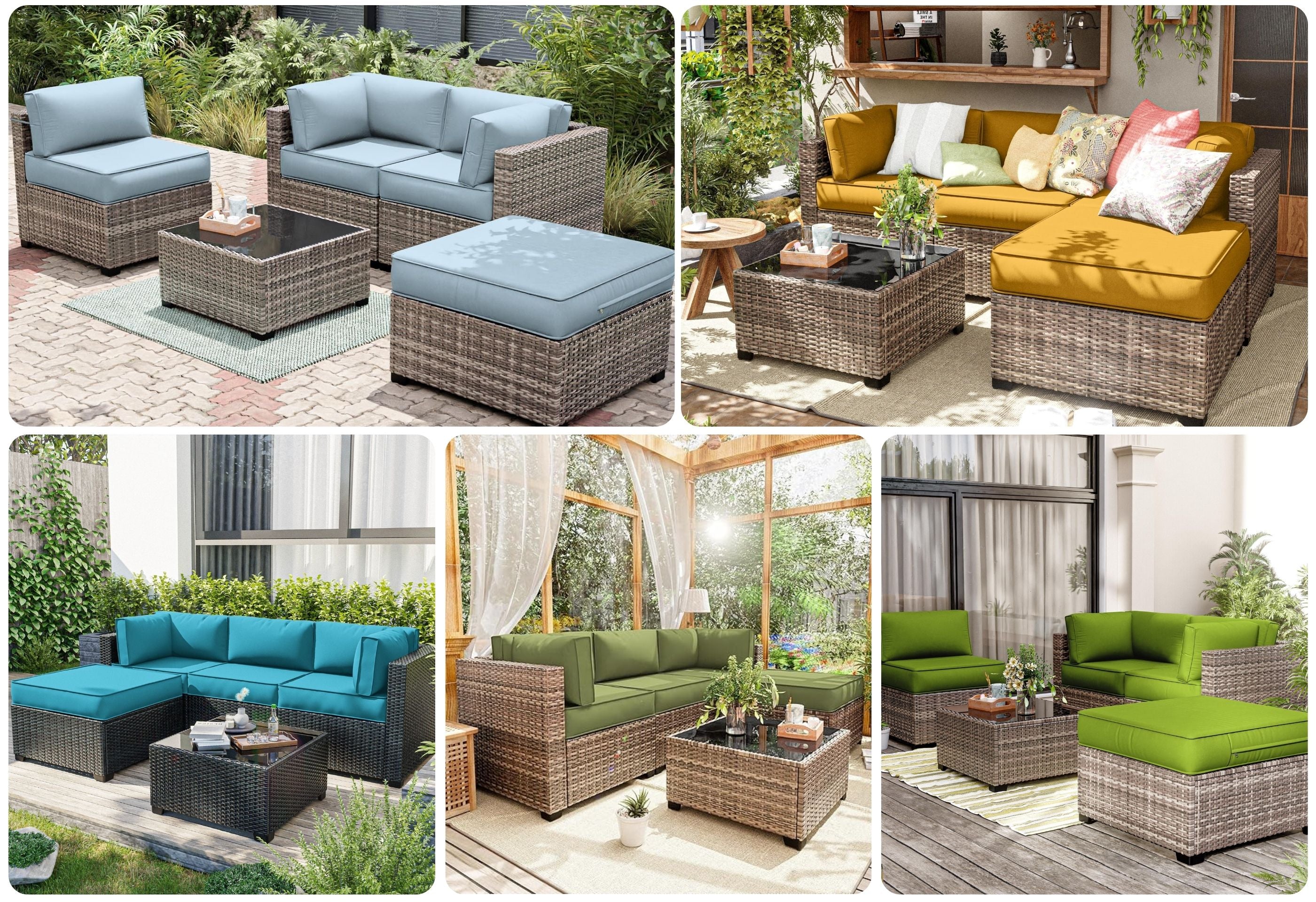 wicker furniture with sectional sofa cushions on the patio