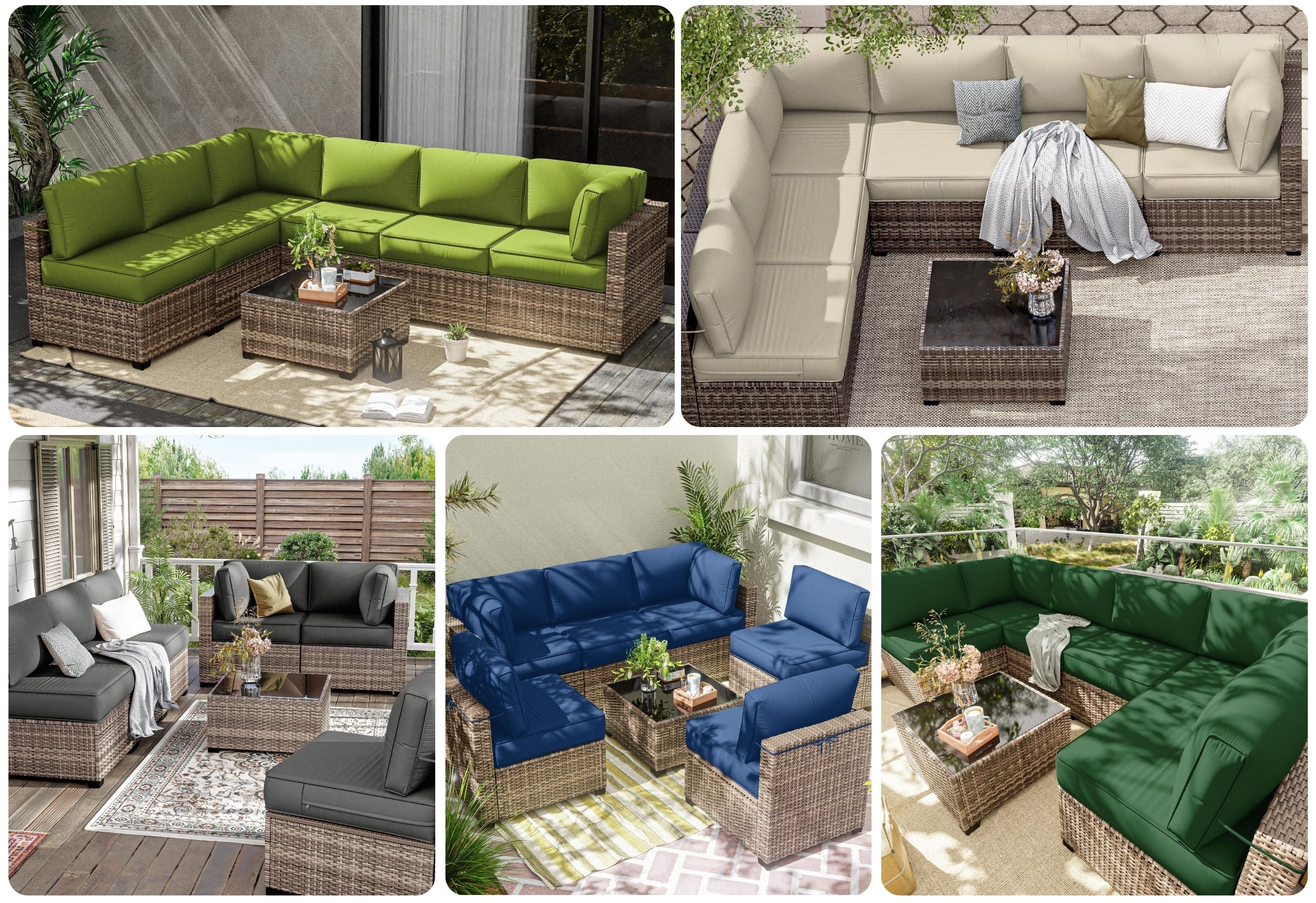 wicker furniture with L shaped sectional sofa cushions on the patio