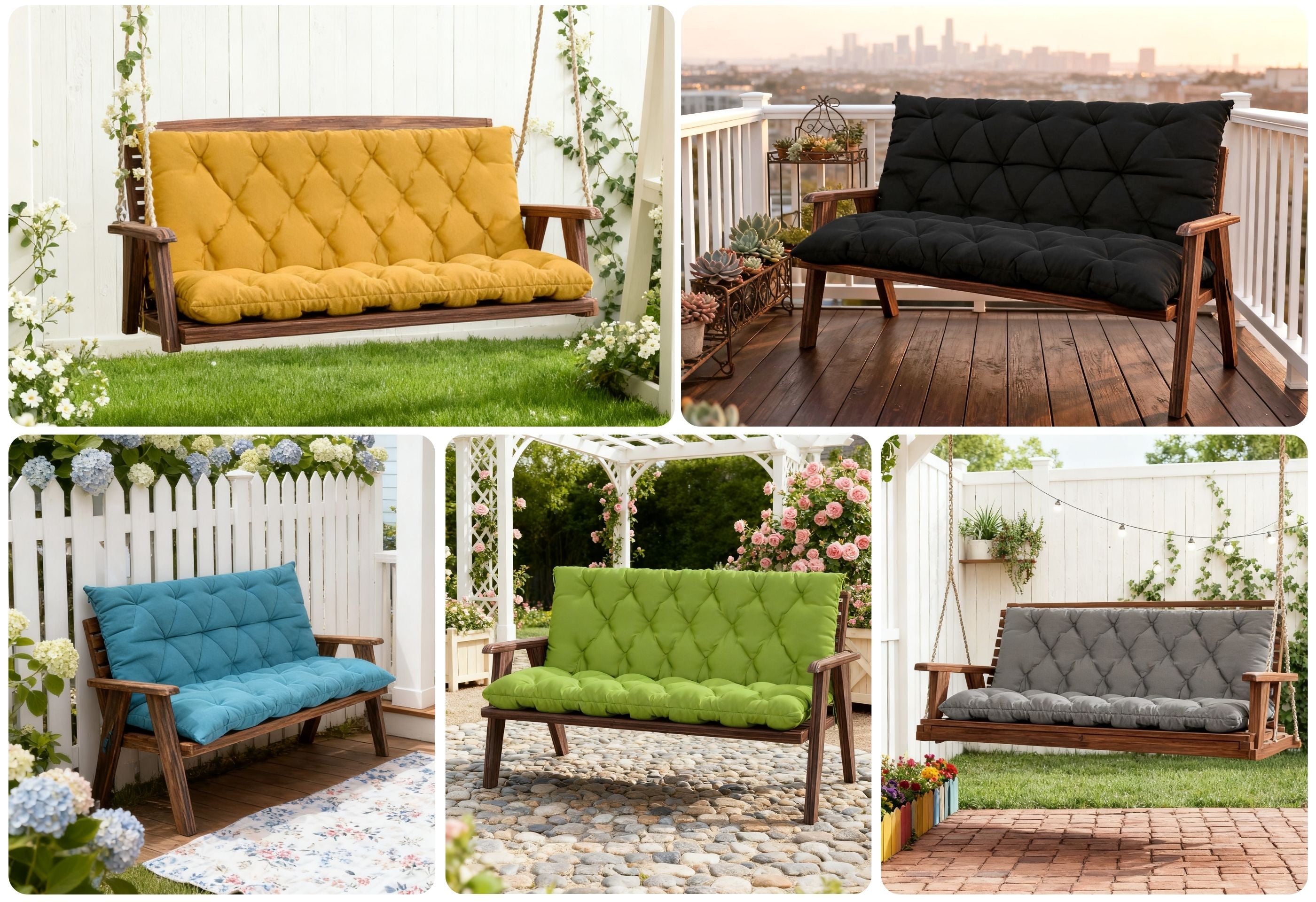 porch or deck scenes of outdoor high back swing cushions with different colors and patio furniture, like swing or wooden chairs