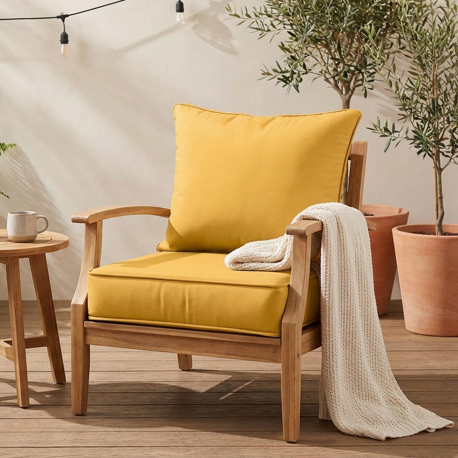 yellow cushion and pillow on a wooden chair with a blanket in the patio