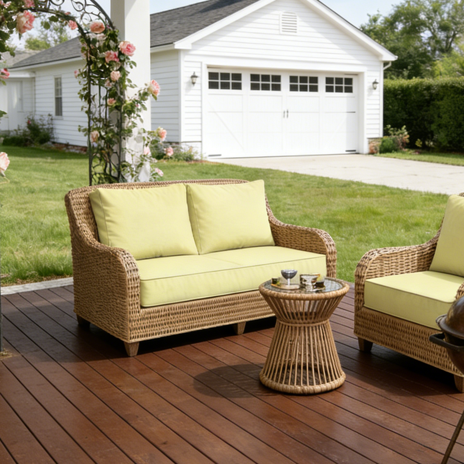 Outdoor furniture set with wicker sofa and chair on a wooden deck, white house in the background.