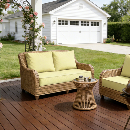 Outdoor furniture set with wicker sofa and chair on a wooden deck, white house in the background.